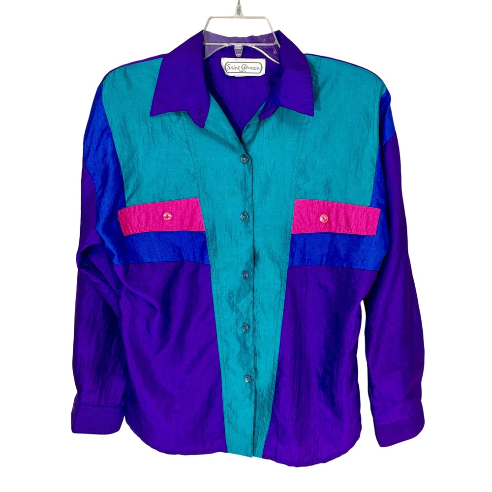 Amazing Colorblock 80s Long‎ Sleeve Button Down Blouse St. Germain Large Purple